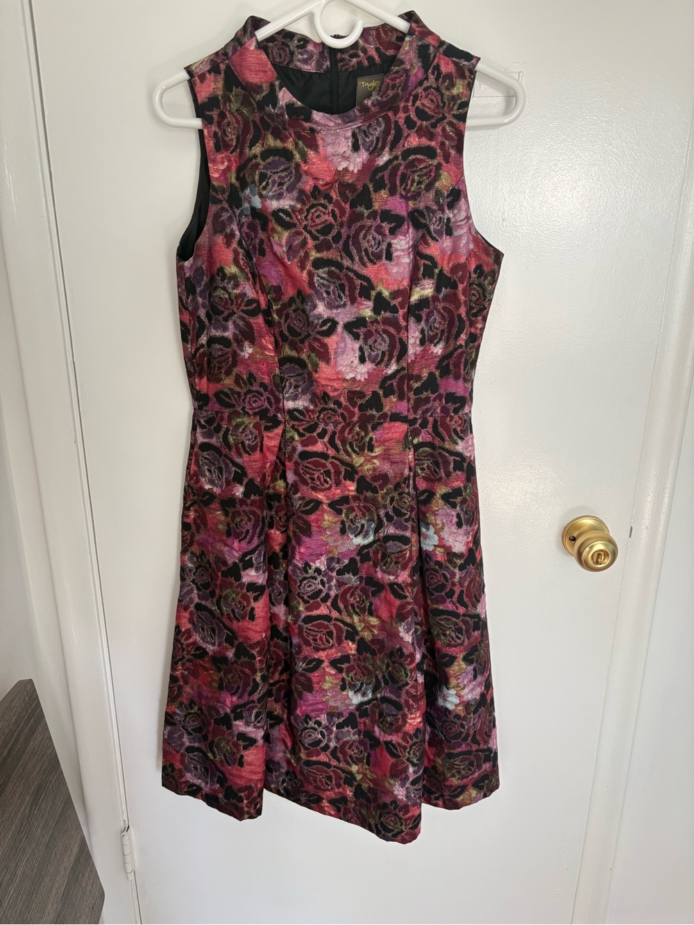 Taylor Floral Jacquard Fit-and-Flare Dress in Magenta and Black
